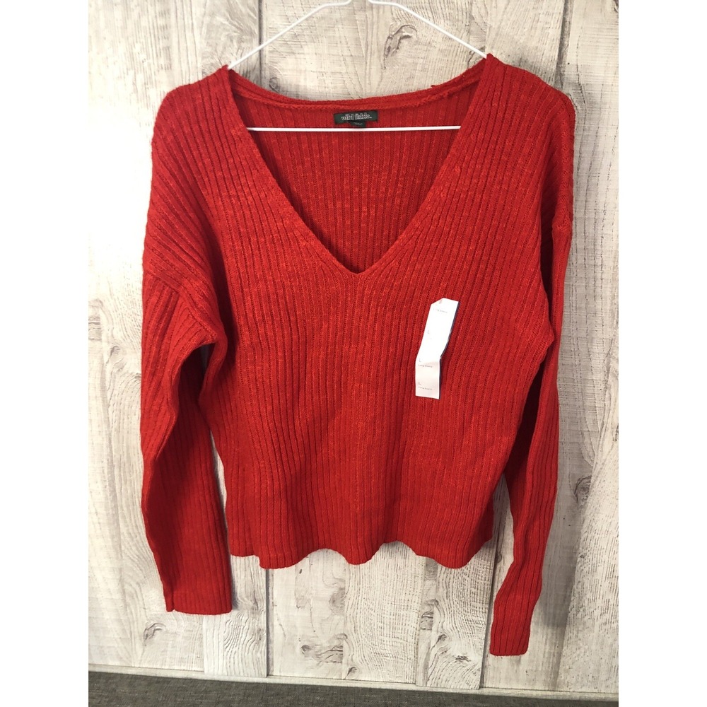 Wild Fable Red Ribbed V-Neck Sweater Long Sleeve Knit Top Large NEW